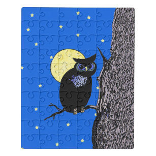 Zwarte Owl Blauwe ogen in Boom Gele moonsterren Puzzel