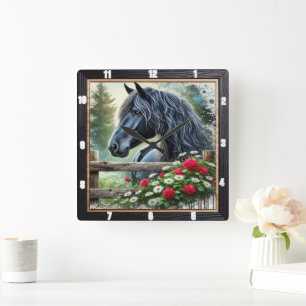 Zwarte Paard Bloemen Decoratief Vierkante Klok