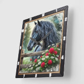 Zwarte Paard Bloemen Decoratief Vierkante Klok (Hoek)