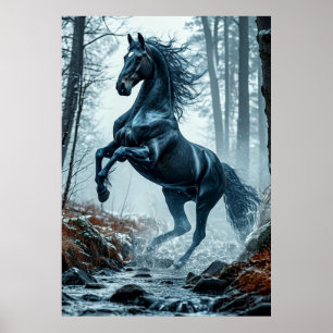 Zwarte paard dat door een bosstroom galoppeert poster