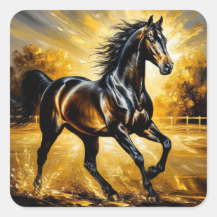 Zwarte Paard dat door het Water Rent in Gouden Zon Vierkante Sticker