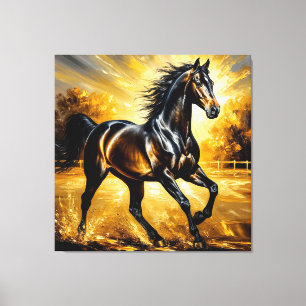 Zwarte Paard dat door Water Rent in Gouden Zonsond Canvas Afdruk