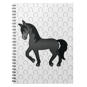 Zwarte paard dat een schattige cartoon tekening ma notitieboek