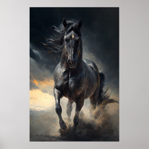 Zwarte paard in de storm Schilderij Poster
