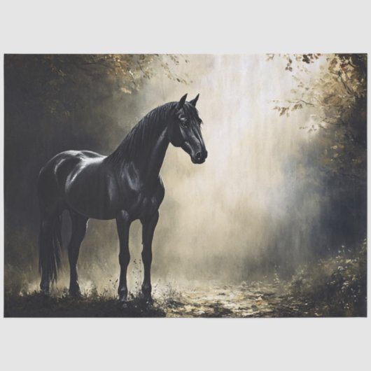 Zwarte paard in nevelig herfst bos tissuepapier (Voorkant)