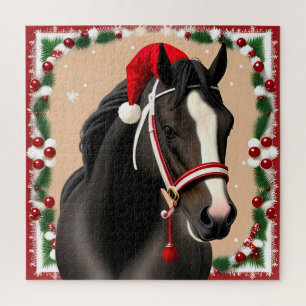 Zwarte Paard Kerstman Hoed Kerst Scene Voor Vakant Legpuzzel