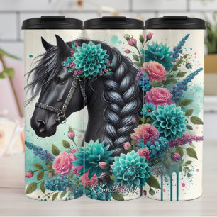 Zwarte paard met gevlochten manen en bloemen thermosbeker