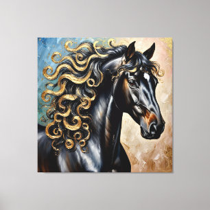 Zwarte Paard Met Gouden Accenten Canvas Afdruk
