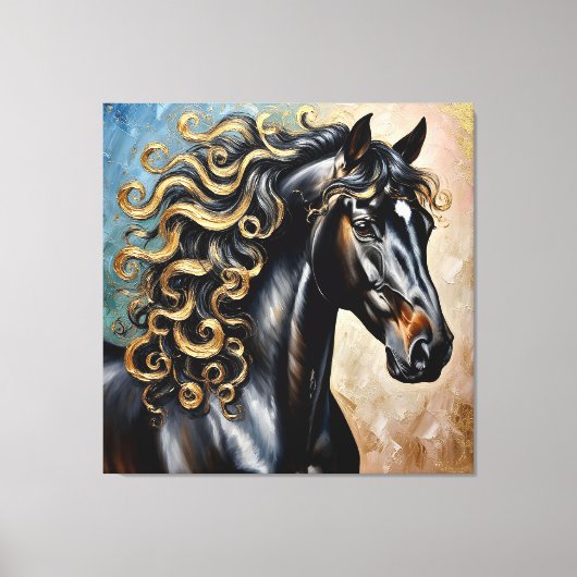 Zwarte Paard Met Gouden Accenten Canvas Afdruk (Voorkant)