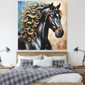 Zwarte Paard Met Gouden Accenten Canvas Afdruk (Insitu (Slaapkamer))