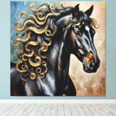 Zwarte Paard Met Gouden Accenten Canvas Afdruk (Insitu (Houten vloer))