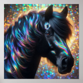 Zwarte paard met iriserende manen poster