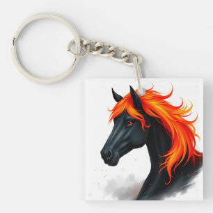 Zwarte Paard Met Vurig Rode Manen Sleutelhanger