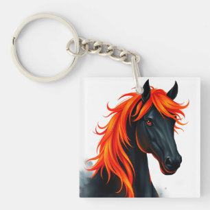 Zwarte Paard Met Vurig Rode Manen Sleutelhanger