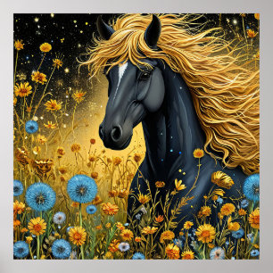 Zwarte Paard Muurkunst Wilde Bloem Natuur Decorati Poster