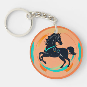 Zwarte Paard op een Kleurrijke Achtergrond Sleutelhanger