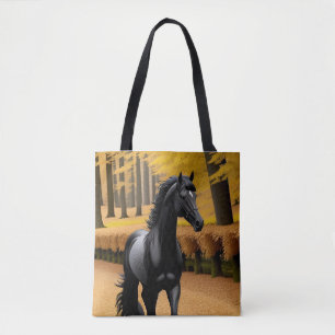 Zwarte paard op een schilderachtig herfst bospad tote bag