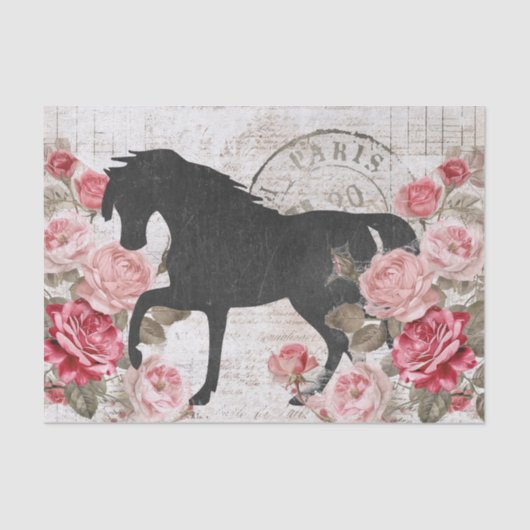 Zwarte Paard Roze Rose Script Collage Decoupage Tissuepapier (Voorkant)