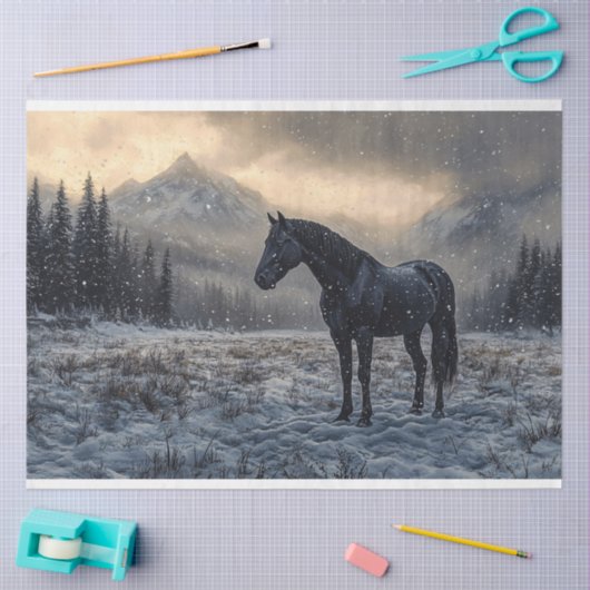 Zwarte Paard Snowy Landschap Schilderachtig Decoup Tissuepapier (Craft)