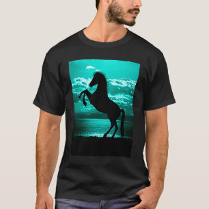 Zwarte paard steigerend in turquoise lucht t-shirt