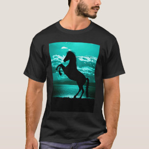 Zwarte paard steigerend turquoise lucht t-shirt
