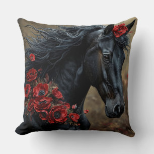 Zwarte Paard Versierd Met Levendige Rode Bloemen Kussen