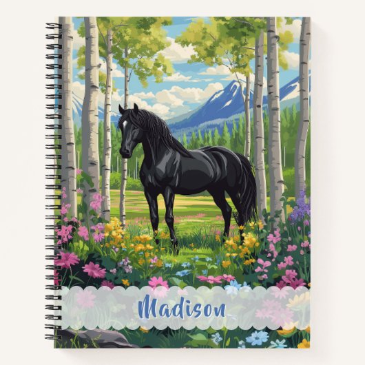 Zwarte Paard Wildflower Meisjes Roze Paarse Kinder Notitieboek (Voorkant)