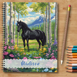 Zwarte Paard Wildflower Meisjes Roze Paarse Kinder Notitieboek
