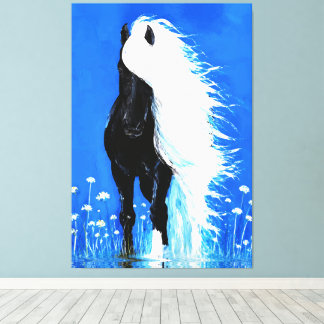 Zwarte Paard Witte Manen Wandelend op Water Canvas Afdruk