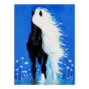 Zwarte Paard Witte Manen Wandelend op Water Perfect Poster