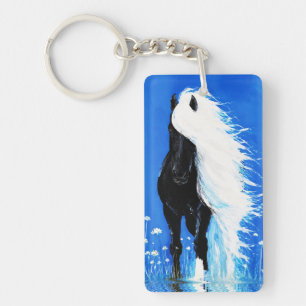 Zwarte Paard Witte Manen Wandelend op Water Sleutelhanger