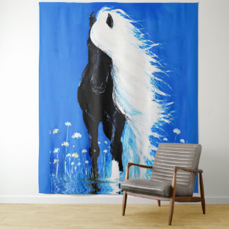 Zwarte Paard Witte Manen Wandelend op Water Wandkleed