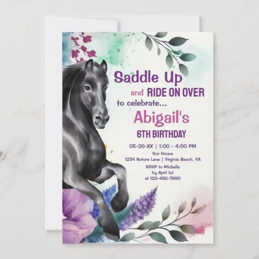 zwarte paarden en bloemen opzadelen, zondag kaart (Voorkant)