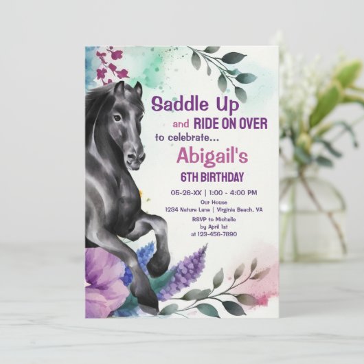  zwarte paarden en bloemen opzadelen, zondag kaart (Staand voorkant)