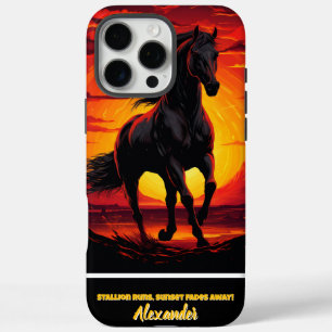Zwarte paarden galop bij zonsondergang iPhone 16 pro max hoesje