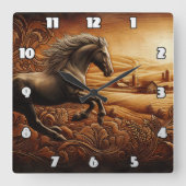 Zwarte paarden galopperen in Golden Fields Vierkante Klok (Voorkant)