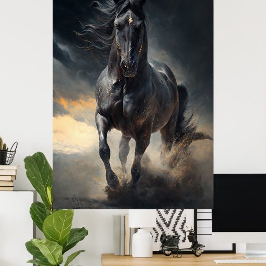 Zwarte paarden in het storm schilderen poster (Thuiskantoor)