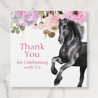 zwarte paarden met roze bloemen op zaterdag bedankjes labels