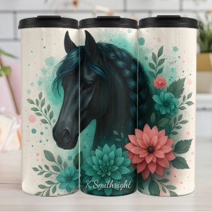 Zwarte Paarden Vlecht Manen Bloemen Thermosbeker