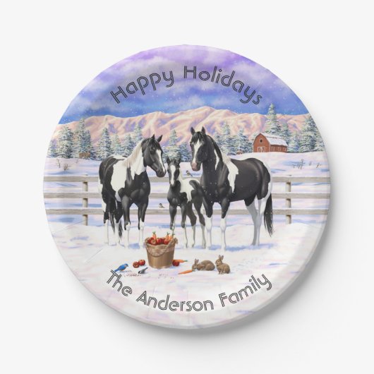 zwarte paardenpestjes met kwartsverf in sneeuw papieren bordje (Voorkant)