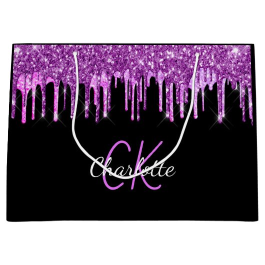 Zwarte paars glitter druipt monogram sparkle groot cadeauzakje (Voorkant)