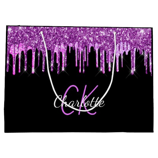 Zwarte paars glitter druipt monogram sparkle groot cadeauzakje (Achterkant)