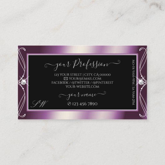 Zwarte Paars sparkle Diamonds Initialen met schuif Visitekaartje (Achterkant)