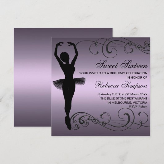 Zwarte & Paarse Ballerina Verjaardagsuitnodiging Kaart (Voorkant / Achterkant)