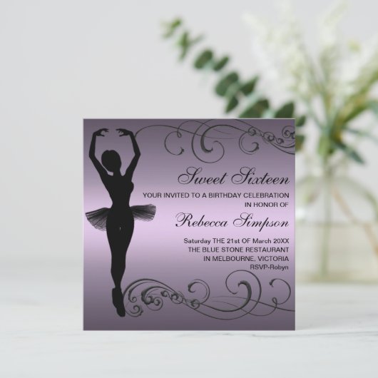 Zwarte & Paarse Ballerina Verjaardagsuitnodiging Kaart (Staand voorkant)
