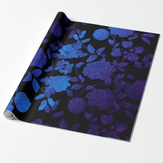 Zwarte Paarse Blauwe Ombre Moderne  Bloemen Cadeaupapier (Uitgerold)