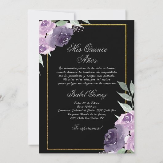 Zwarte Paarse Bloem Quinceanera uitnodiging (Voorkant)