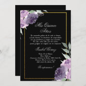 Zwarte Paarse Bloem Quinceanera uitnodiging (Voorkant / Achterkant)