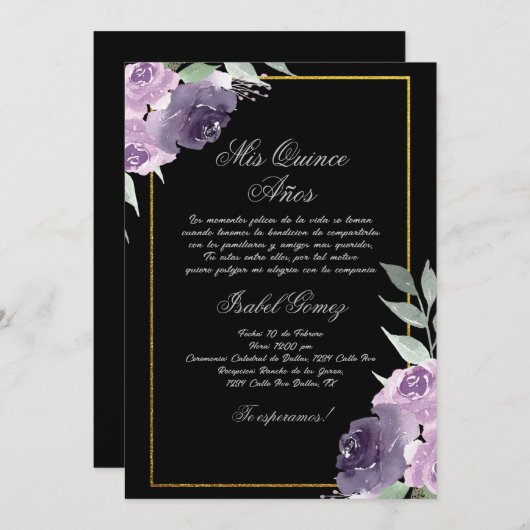 Zwarte Paarse Bloem Quinceanera uitnodiging (Voorkant / Achterkant)