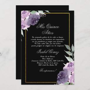 Zwarte Paarse Bloem Quinceanera uitnodiging